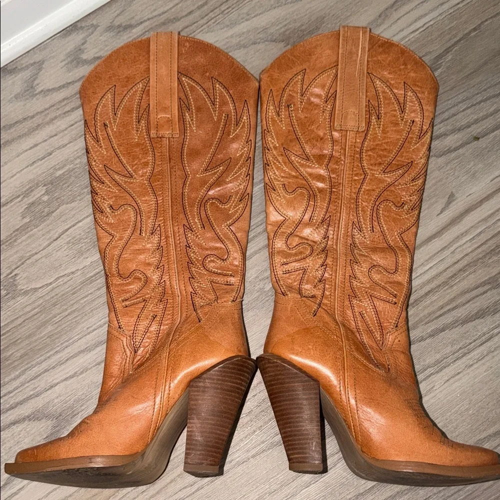 Jessica Simpson Cognac Leather Western High Heel Boots - Picture 8 of 8